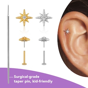 Hypoallergenic Octagram Stud Earrings for Women, Threadless Flat Back Earrings Sterling Silver, Helix/Tragus/Conch Piercing Jewelry Gold