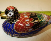 Cloisonne Duck Bird Statue Figurine Gold Plated Enamel Brass 2 1 2 quot Vintage Chinese Feng Shui