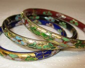 Cloisonne Chisel Enamel Bangle Bracelet Set Jewelry Gold Plated 70 39 s Brass 7 1 4 quot Lot 3 pc