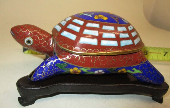 Cloisonne Turtle Reptile Statue Figurine Gold Plat