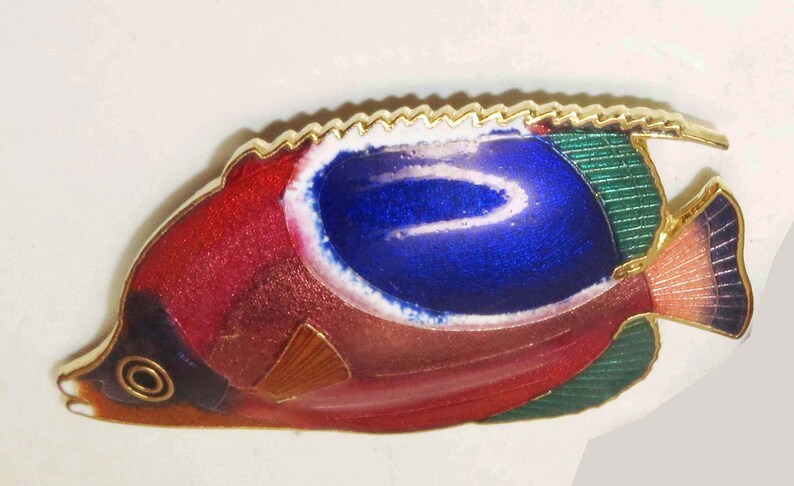 Cloisonne Enamel Brooch Pin Tropical Fish Jewelry Gold Plated 70/'s Brass 2 14