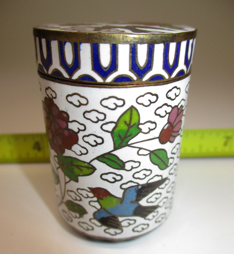 Cloisonne Enamel Bird Mini Jar Vase Gold Plated 60/'s Brass 2 13 Feng Shui