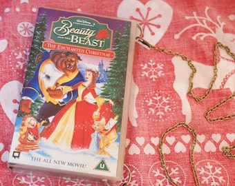 Christmas VHS video case handbag, Disney's Beauty and the Beast shoulder bag, clutch, retro, up-cycled