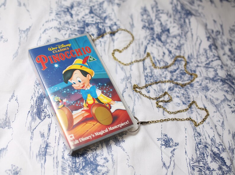 Disney's Pinocchio upcycled VHS handbag, repurposed video case shoulder bag, clutch, retro, Disney classic image 1