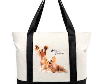 Chinese Crested Dog Canvas Tote Bag — Large Heavy-Duty Reusable Bag with Zipper & Pocket | Dog Lover Gift