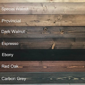 May include: A wood stain color chart with ten different wood stain colors. The colors are: Golden Oak, Special Walnut, Provincial, Dark Walnut, Espresso, Ebony, Red Oak, Carbon Grey, and Grey.