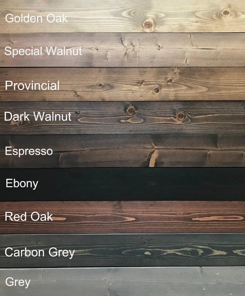 May include: A wood stain color chart with ten different wood stain colors. The colors are: Golden Oak, Special Walnut, Provincial, Dark Walnut, Espresso, Ebony, Red Oak, Carbon Grey, and Grey.