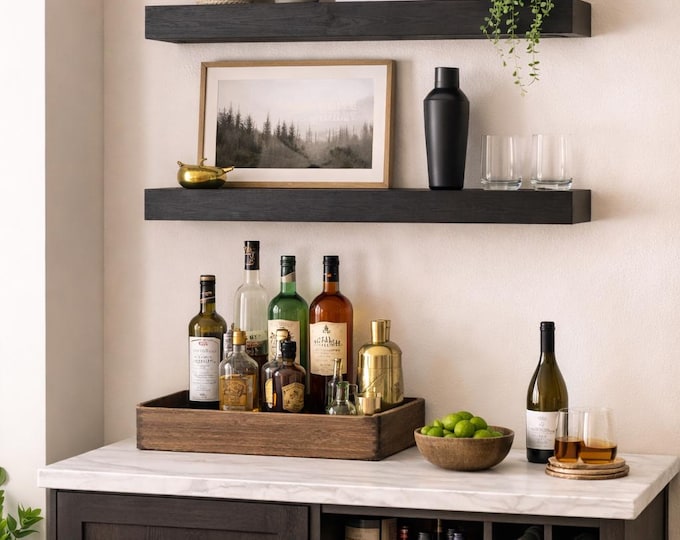 Black Floating Shelf: Wide Rustic Wood Wall Decor