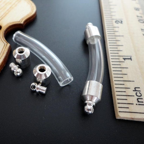 6MM " Curved Tube  " (With 2 Silver SCREW copper caps), Clear glass bottle Bracelet charm, perfume Essential oil bottle,DIY Bangle vial