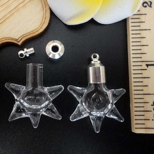 May include: Two clear glass star-shaped bottles with silver caps and a silver connector. The bottles are approximately 2.5 cm in length.