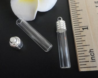 Tube à fond plat 6MM, mini flacon de verre avec capuchon en cuivre plaqué argent (vide/clair/tube/pendentifs/petit/minuscule/verre/charmes/gem/metal/argent/DIY)