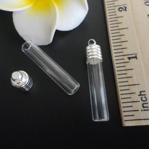 6MM Flat Bottom Tube, mini Glass Vial with silver-plated copper cap (empty/clear/tube/pendants/small/tiny/glass/charms/gem/metal/silver/DIY)