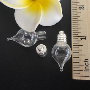 Puede incluir: Frascos de vidrio transparente en forma de bombilla con tapas de metal plateado y una regla. Un frasco está intacto, otro está roto y un tercer frasco no tiene tapa. Una flor blanca y amarilla está en el fondo.