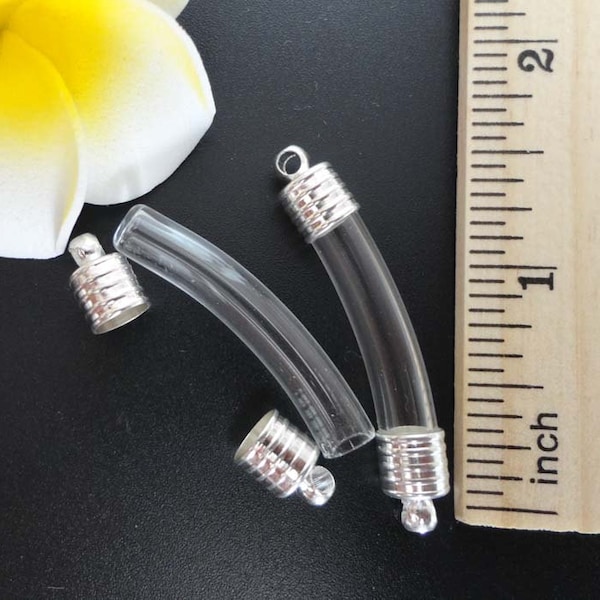 6MM Curved Tube with 2PCS silver-plated copper caps , Glass Vial bracelet bangle (empty/clear/pendants/tiny/glass/charms/metal/bracelet/DIY)