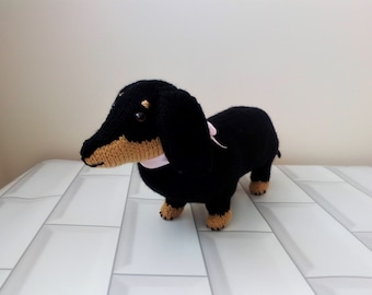 Dachshund Sausage Dog Hand Knitted Black and Tan 13"