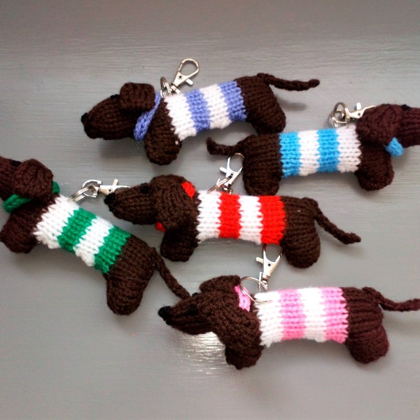 Hand Knitted Stripy Dachshund Keyring or Hand Bag Charm