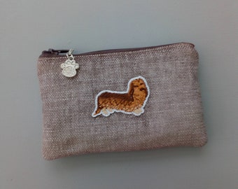 Dachshund Long Haired Padded Coin Purse with rhinestone zipper pull