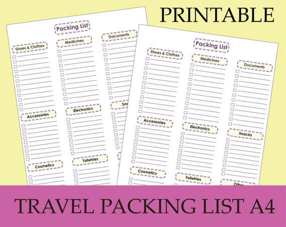 packing list a4 printable travel checklistplanner inserts etsy traveling checklist pdf
