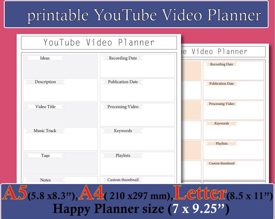 Youtube Channel Printable Youtube Video Planner Video | Etsy