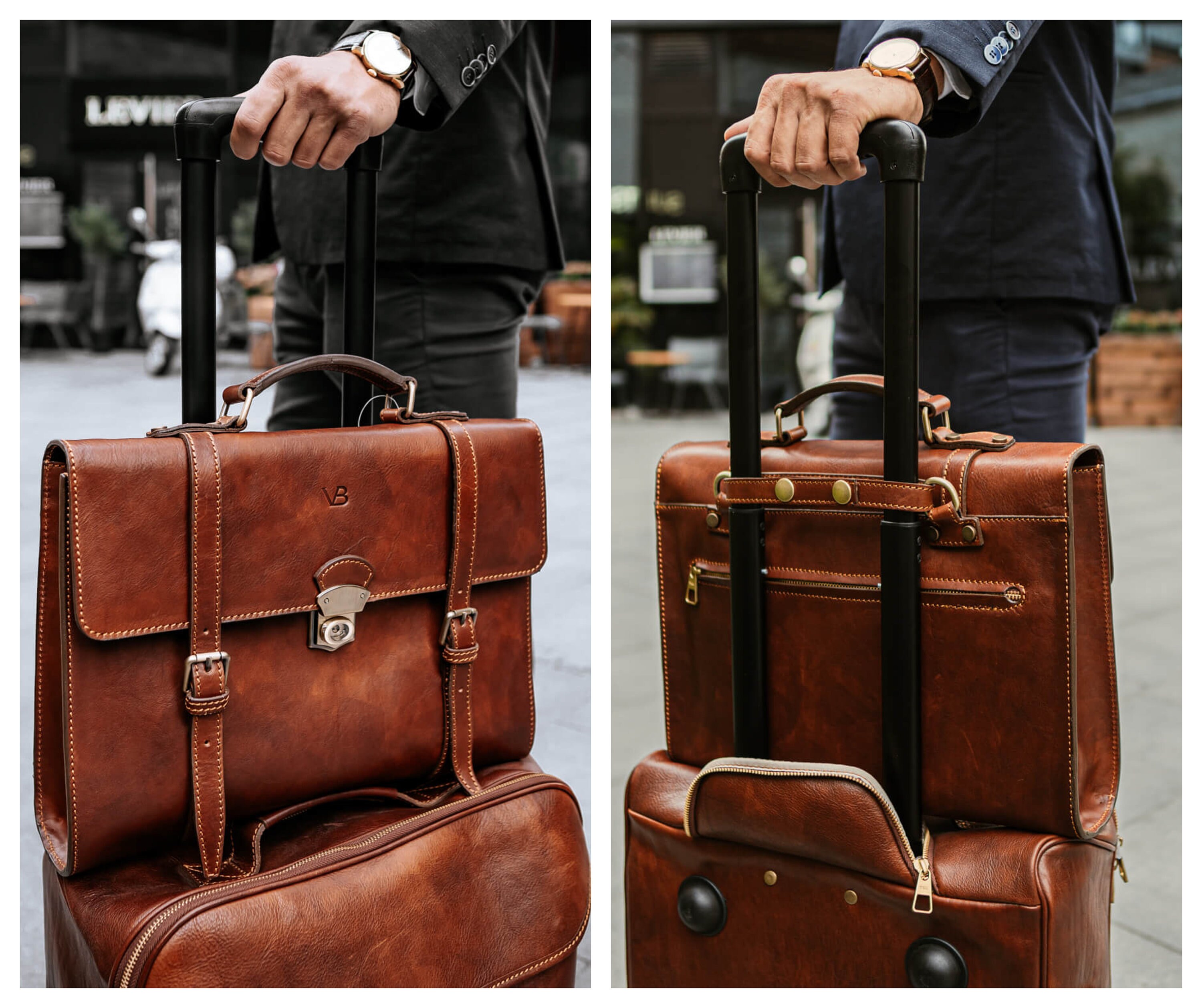 Vintage Leather Briefcase Briefcase with Trolley Sleeve Etsy