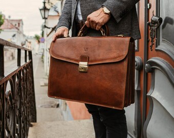 Time Resistance Leather Briefcase for Men Handmade Italian Laptop Bag Classy Orange Brown Attache Case