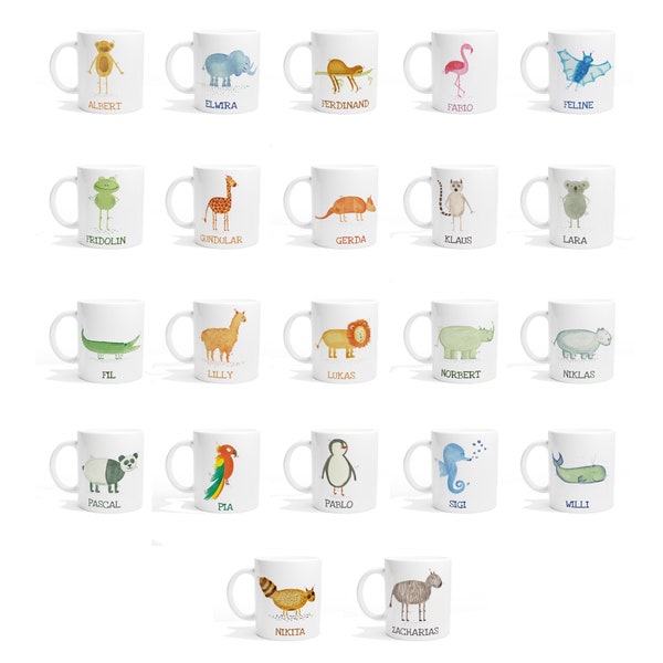 ABC cup 100 motifs with name and animal lion monkey frog elephant sloth lama crocodile giraffe zebra rhino