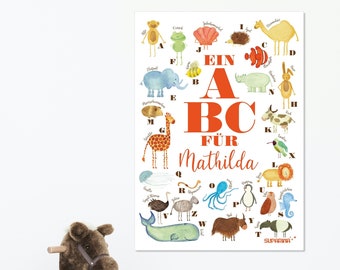 ABC Personalizable Animal Alphabet with Name Learning Poster A4 A3 A2 A1 Elephant Bee Monkey Penguin Zebra Hedgehog Dromeda Whale Eagle Owl Rabbit