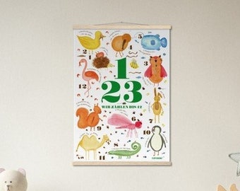 Tier Zahlen Lern Poster A4 A3 A2 A1 Kiwi Pinguin Gecko Liebelle Biene Ente Eule Fisch Eichhörnchen Flamingo Igel Hase