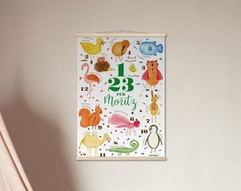 Personalisierbares Zahlen Lern Poster A4 A3 A2 A1 Kiwi Pinguin Gecko Liebelle Biene Ente Eule Fisch Eichhörnchen Flamingo Igel Hase