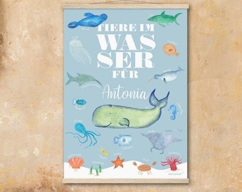 Personalizable animal poster with name A4 A3 A2 A1 seahorse whale cancer starfish shell shark seal seahorse puffer fish