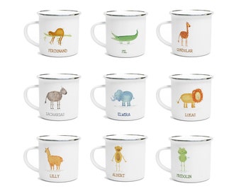 Personalisierte ABC Kindertasse Emaille Namenstasse mit Tier und Namen Frosch Krokodil Lama Giraffe Nashorn Löwe Zebra Affe Faultier Elefant