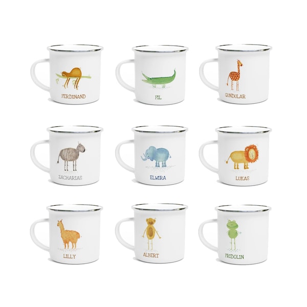 Personalized ABC children's cup enamel name cup with animal and name frog crocodile llama giraffe rhino lion zebra monkey sloth elephant