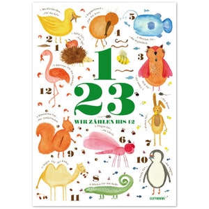 May include: A colorful educational poster with the numbers 1, 2, and 3 in large green font. The poster features various animals and objects, each representing a number from 1 to 12. The text "Wir zählen bis 12" is written in green below the numbers.