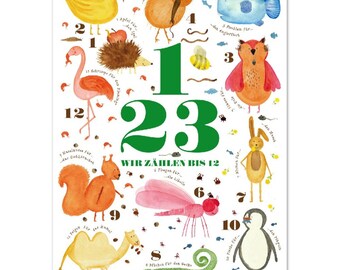 PDF Tier Zahlen Lern Poster A4 A3 A2 A1 Kiwi Pinguin Gecko Liebelle Biene Ente Eule Fisch Eichhörnchen Flamingo Igel Hase