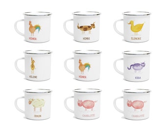 ABC children's cup 100 animals enamel, name cup with animal and name rabbit chicken dog rooster cat fox sheep cow duck pig