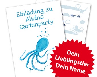 10 Einladungskarten Kinder A6 10,5 × 14,8 cm in Blau Hai Wal Tintenfisch Seepferdchen Seestern