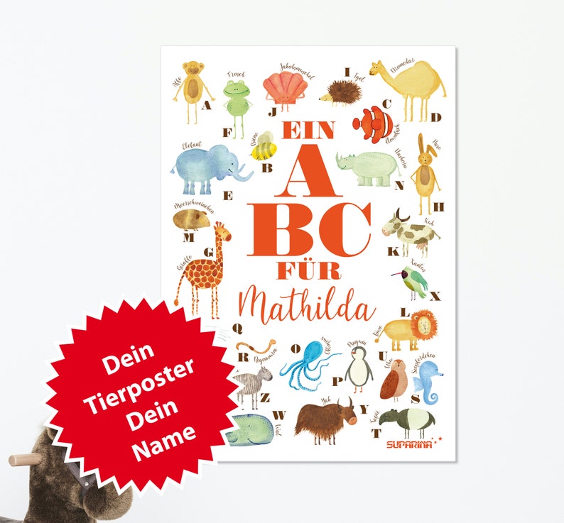 Personalisiertes Geburtsposter A4 A3 A2 A1 Affe Giraffe Gürteltier Elefant Hai Wal Seepferdchen Koala Faultier Frosch Katze Hund Bild 5