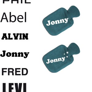 May include: A teal blue fabric hot water bottle with the name "Jonny" printed in white on it. The bottle is shown against a white background.