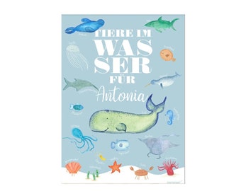 PDF Personalizable Animal Poster with Name A4 A3 A2 A1 Seahorse Whale Cancer Starfish Shell Shark Seal Seahorse Puffer Fish