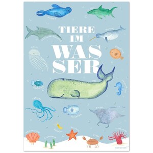 May include: A blue and white illustrated poster with the text "TIERE IM WASSER" in white. The poster features various sea creatures, including a whale, a narwhal, a jellyfish, a seahorse, a starfish, a crab, and a sea anemone.
