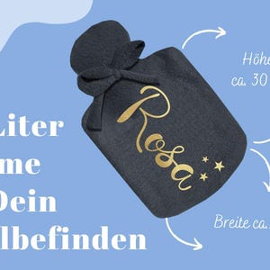 May include: A dark gray hot water bottle with a gold inscription that reads "Rosa" and a few gold stars. The bottle is 30 inches tall and 18 inches wide. 0.8 Liter warmth for your well-being.