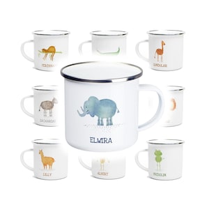 May include: Set of eight white enamel mugs with colourful animal illustrations and names printed on each mug. The mugs feature a sloth, a crocodile, a giraffe, a zebra, an elephant, a sun, a llama, a frog, and a chicken.