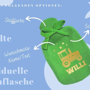 May include: Green fleece hot water bottle with a gold tractor and the name "WILLI" printed on it. The bottle has a white ribbon and stars. The text "Wunschmotiv Name/Text" is visible in the image.