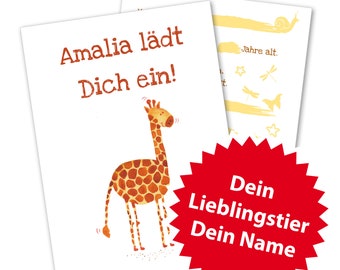 10 Einladungskarten Kinder A6 10,5 × 14,8 cm in Gelb Löwe Giraffe Affe Ente Lama Faultier Biene Hund Igel Bär