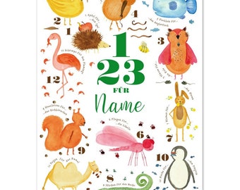 PDF Personalisierbares Zahlen Lern Poster A4 A3 A2 A1 Kiwi Pinguin Gecko Liebelle Biene Ente Eule Fisch Eichhörnchen Flamingo Igel Hase