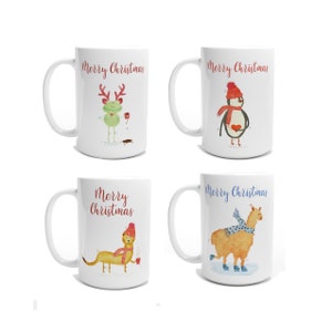 May include: Set of four white ceramic mugs with a Christmas theme. Each mug features a different animal wearing a festive hat and holding a cup of coffee. The mugs have the text "Merry Christmas" printed on them.