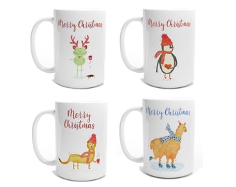 Personalisierbare Tasse für Tee Glühwein Schokolade Kaffee Weihnachten Advent Winter Tier Frosch Pinguin Hermelin Erdmännchen Lama