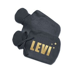 May include: Two gray fleece hot water bottles with a gold star design and the name "LEVI" printed on one of the bottles.