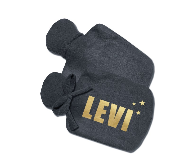 May include: Two gray fleece hot water bottles with a gold star design and the name "LEVI" printed on one of the bottles.