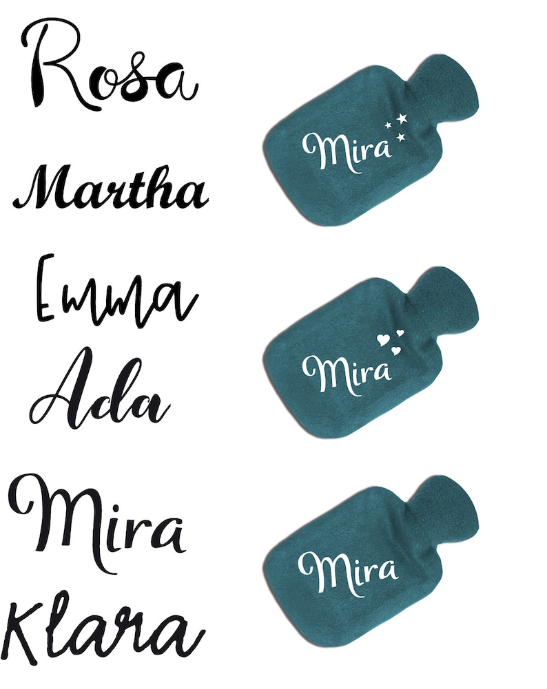 May include: Six different names written in black cursive script on a white background. Below the names are three teal blue hot water bottles with white text that says "Mira" on each bottle. The top bottle has white stars, the middle bottle has white hearts, and the bottom bottle has no design.